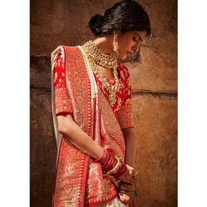 Cream Festive Wear Woven Silk Saree