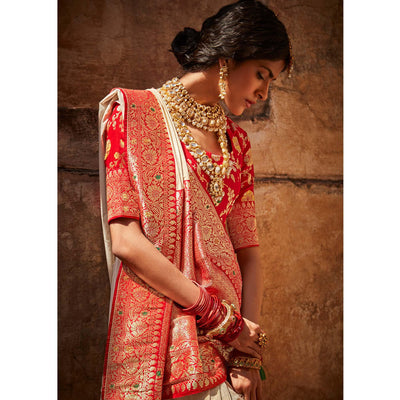 Cream Festive Wear Woven Silk Saree