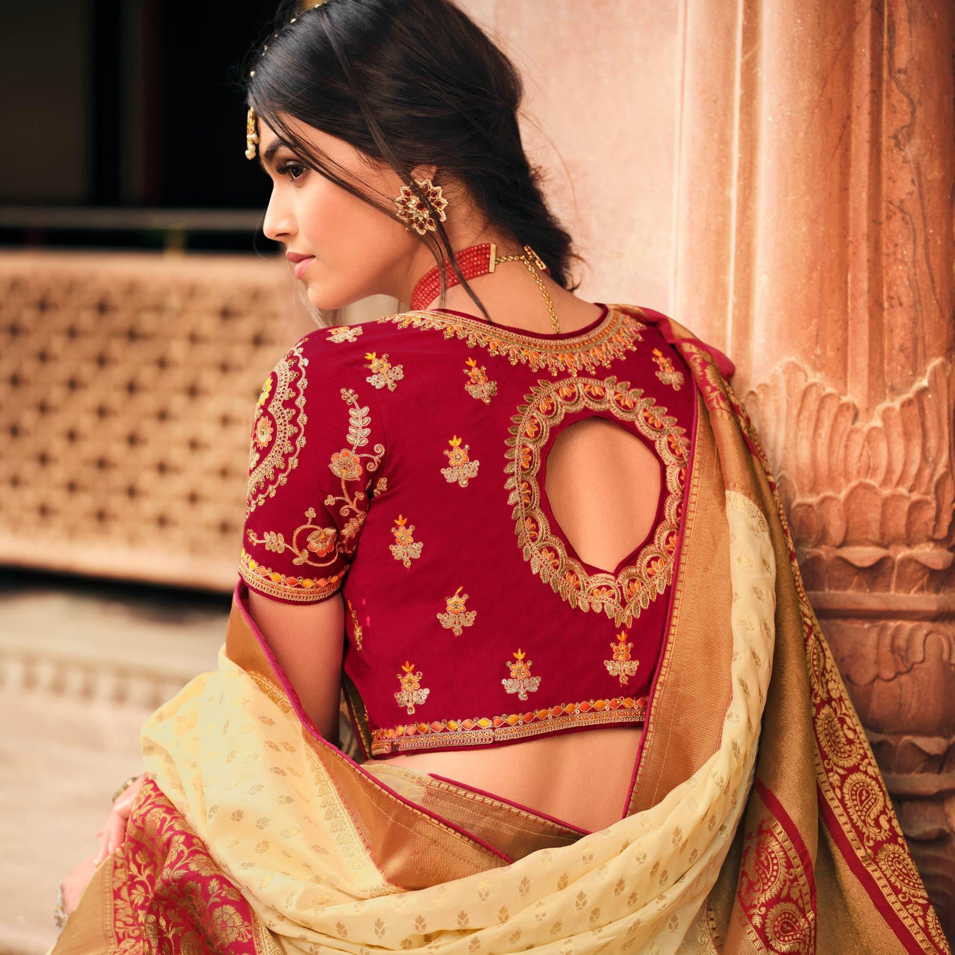 Cream Festive Wear Woven Silk Saree