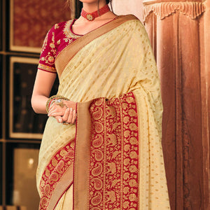 Cream Festive Wear Woven Silk Saree