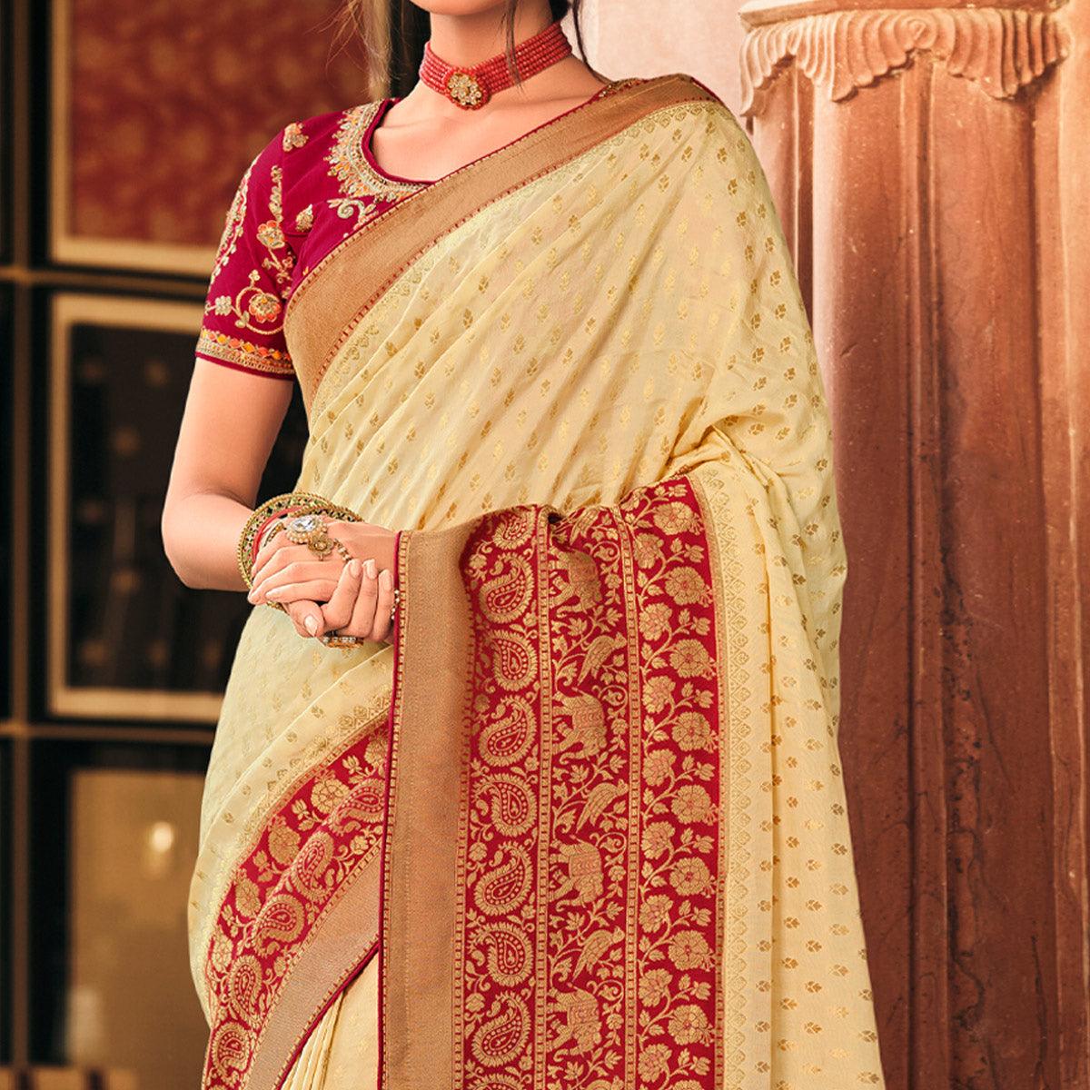 Cream Festive Wear Woven Silk Saree