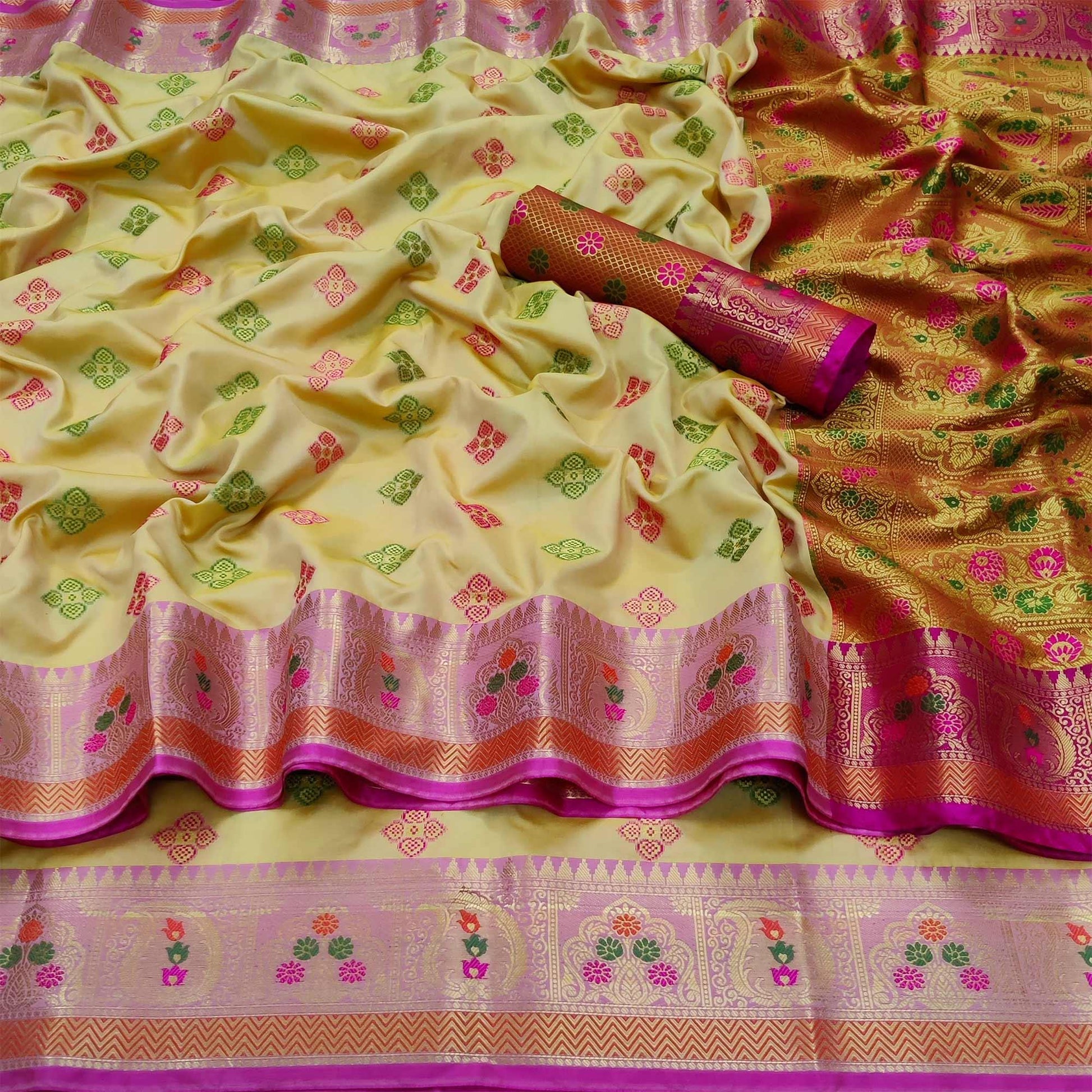 Cream Festive Wear Woven Soft Banarasi Silk Saree