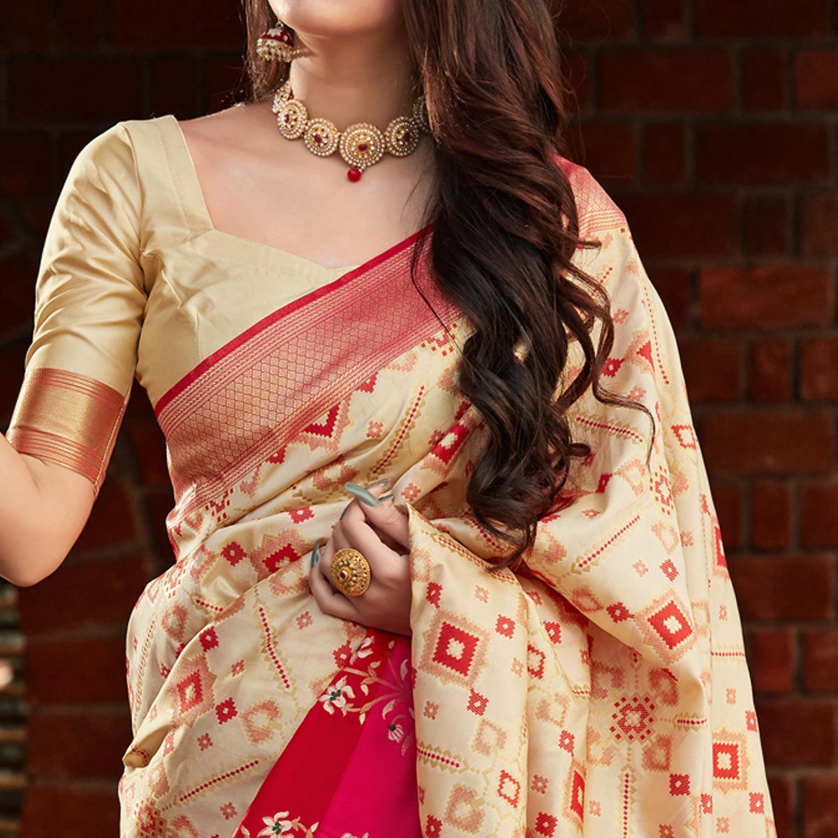 Cream Festive Wear Woven Soft Banarasi Silk Saree