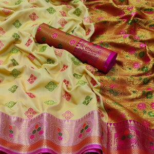 Cream Festive Wear Woven Soft Banarasi Silk Saree