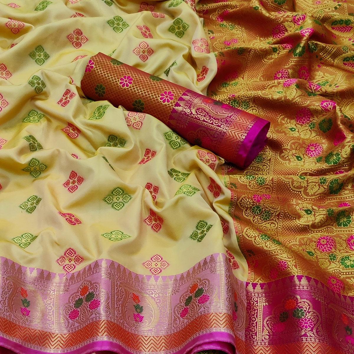 Cream Festive Wear Woven Soft Banarasi Silk Saree