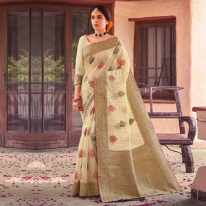 Cream Festive Wear Woven Soft Cotton Saree