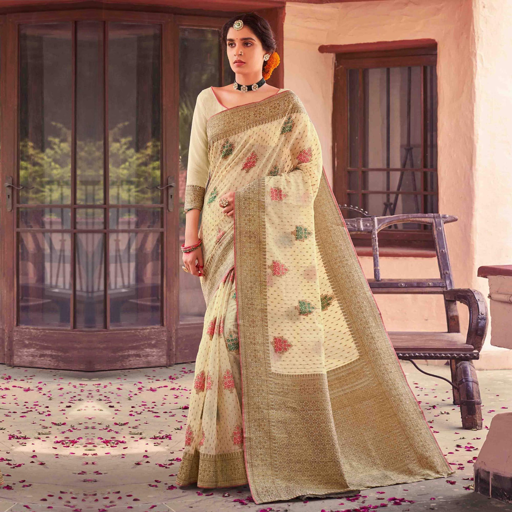 Cream Festive Wear Woven Soft Cotton Saree