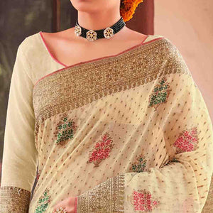 Cream Festive Wear Woven Soft Cotton Saree