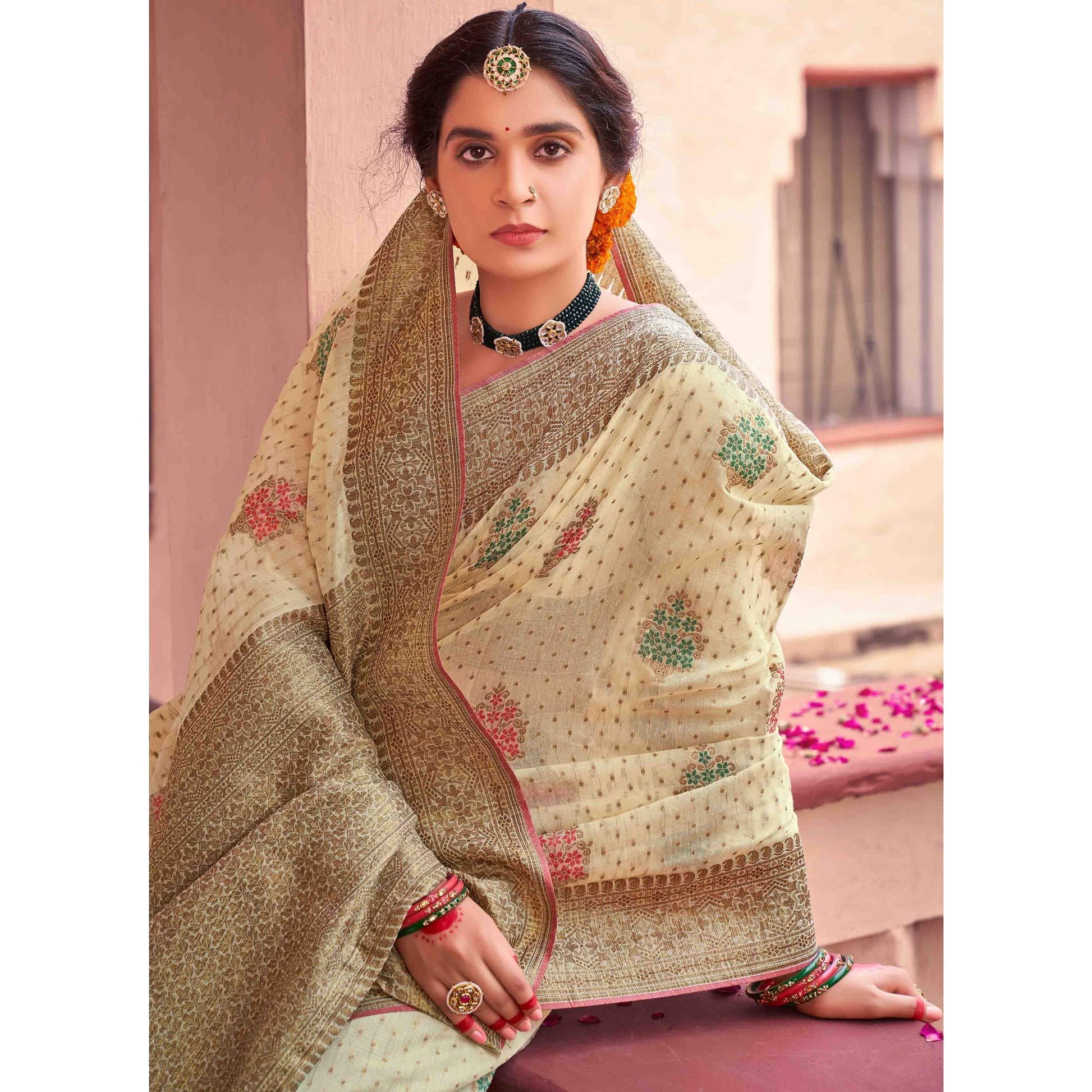 Cream Festive Wear Woven Soft Cotton Saree