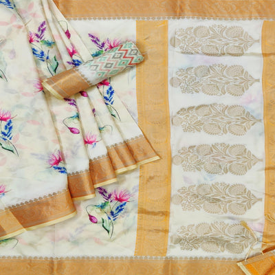 Cream Festive Wear Woven With Digital Floral Printed Silk Saree