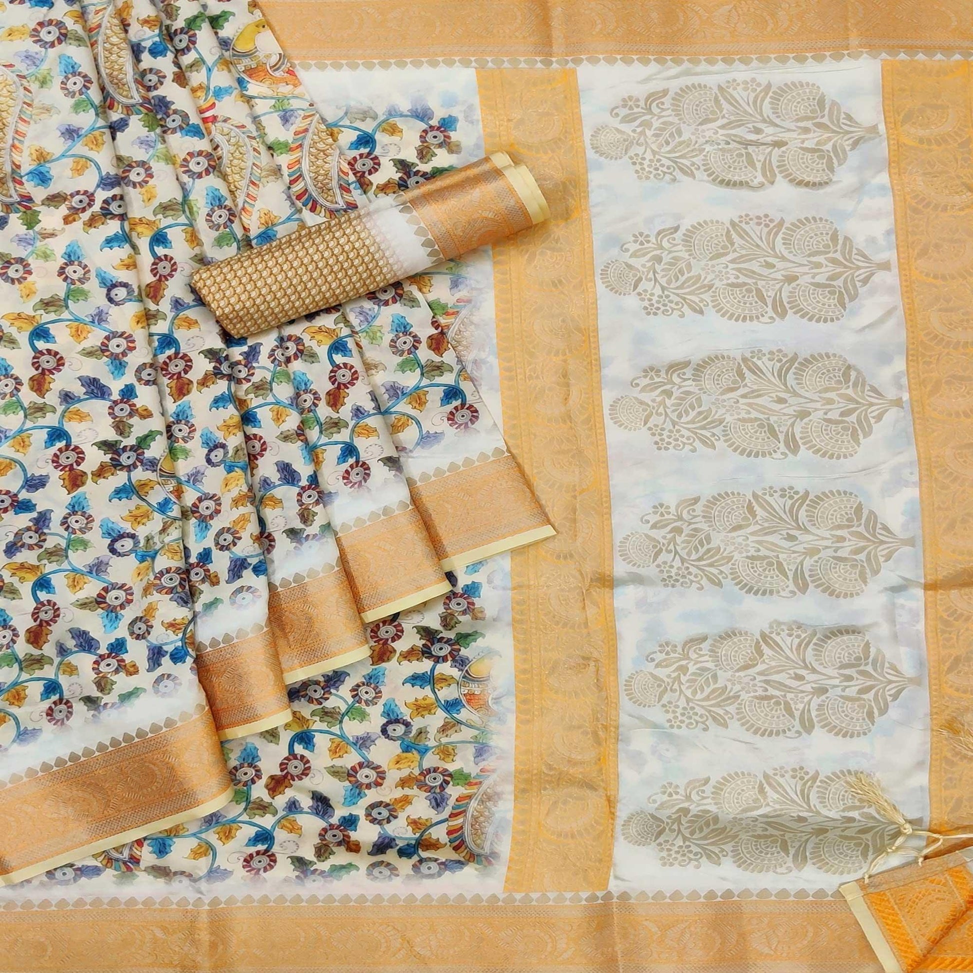 Cream Festive Wear Woven With Digital Floral Printed Silk Saree