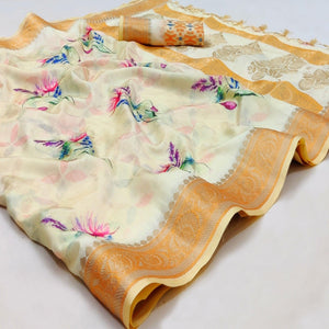 Cream Festive Wear Woven With Digital Floral Printed Silk Saree