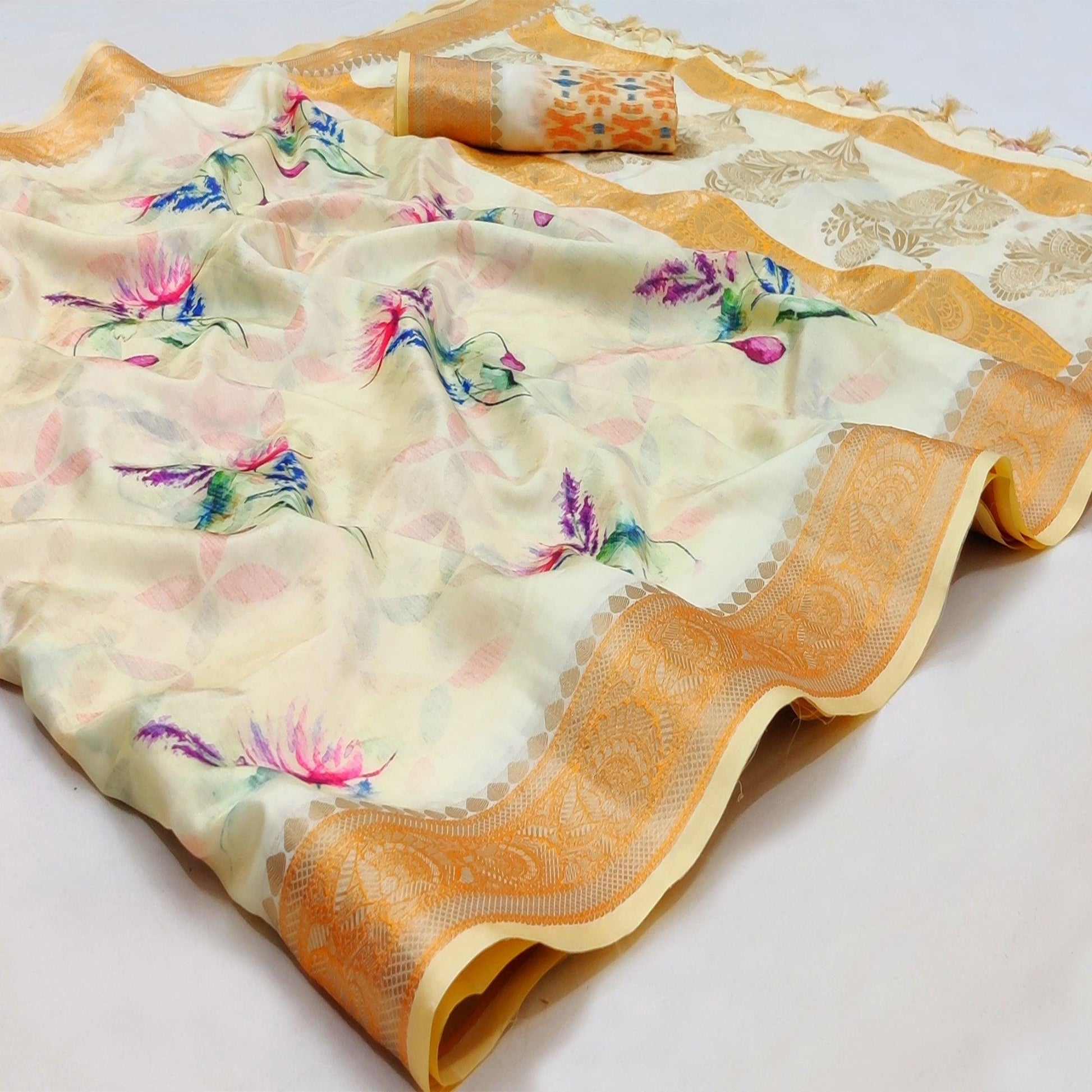 Cream Festive Wear Woven With Digital Floral Printed Silk Saree