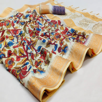 Cream Festive Wear Woven With Digital Floral Printed Silk Saree