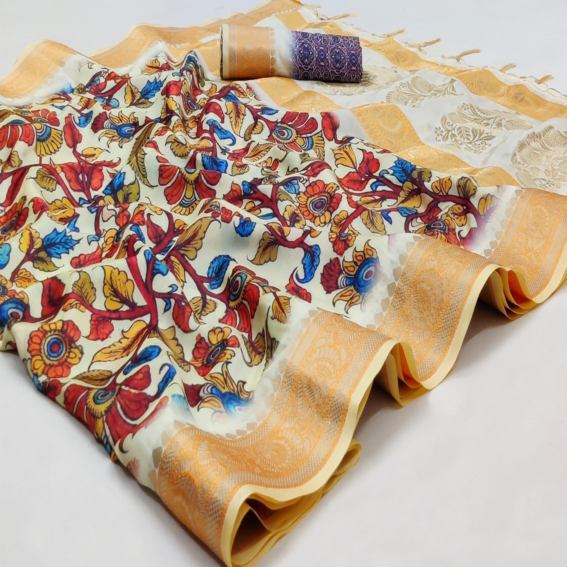 Cream Festive Wear Woven With Digital Floral Printed Silk Saree
