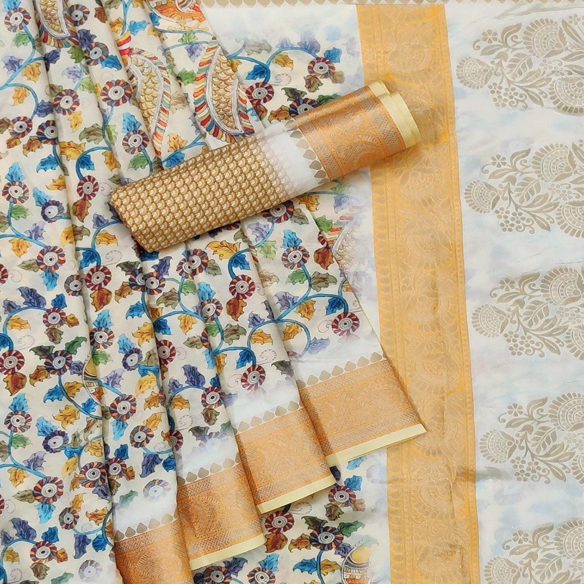 Cream Festive Wear Woven With Digital Floral Printed Silk Saree