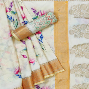 Cream Festive Wear Woven With Digital Floral Printed Silk Saree