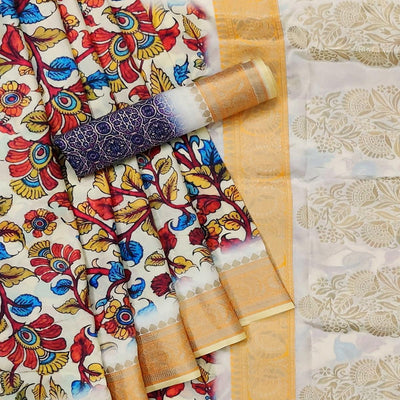 Cream Festive Wear Woven With Digital Floral Printed Silk Saree