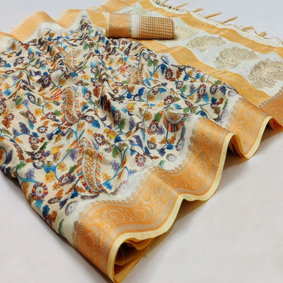 Cream Festive Wear Woven With Digital Floral Printed Silk Saree