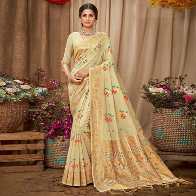 Cream Festive Wear Woven With Embellished Cotton Saree With Tassels