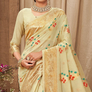 Cream Festive Wear Woven With Embellished Cotton Saree With Tassels