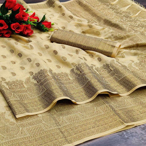 Cream Festive Wear Woven With  Meena Butta Rich Pallu Cotton Saree
