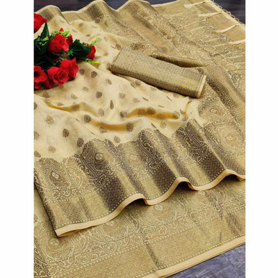 Cream Festive Wear Woven With  Meena Butta Rich Pallu Cotton Saree