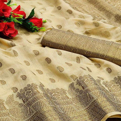 Cream Festive Wear Woven With  Meena Butta Rich Pallu Cotton Saree