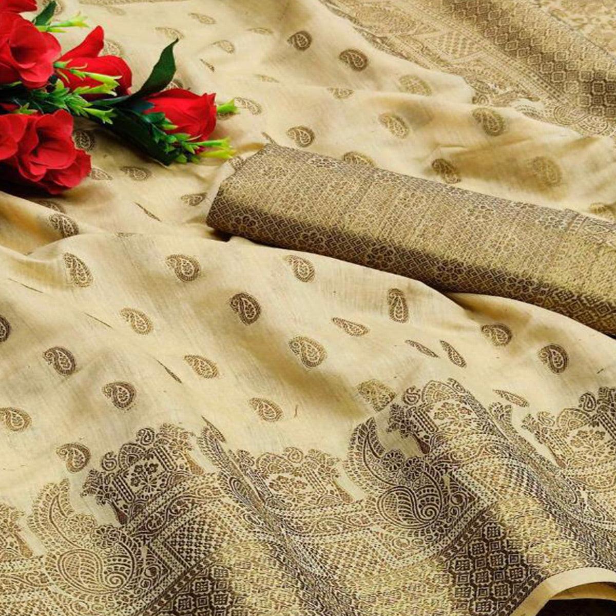 Cream Festive Wear Woven With  Meena Butta Rich Pallu Cotton Saree
