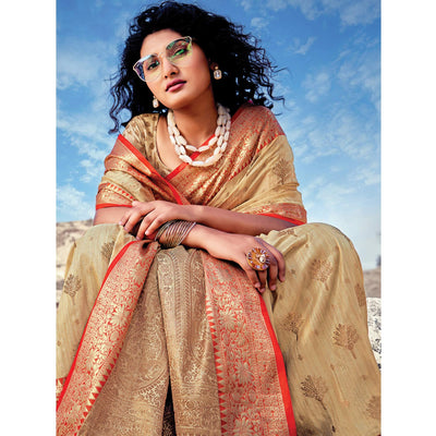 Cream Festive Wear Zari Woven Banarasi Silk Saree