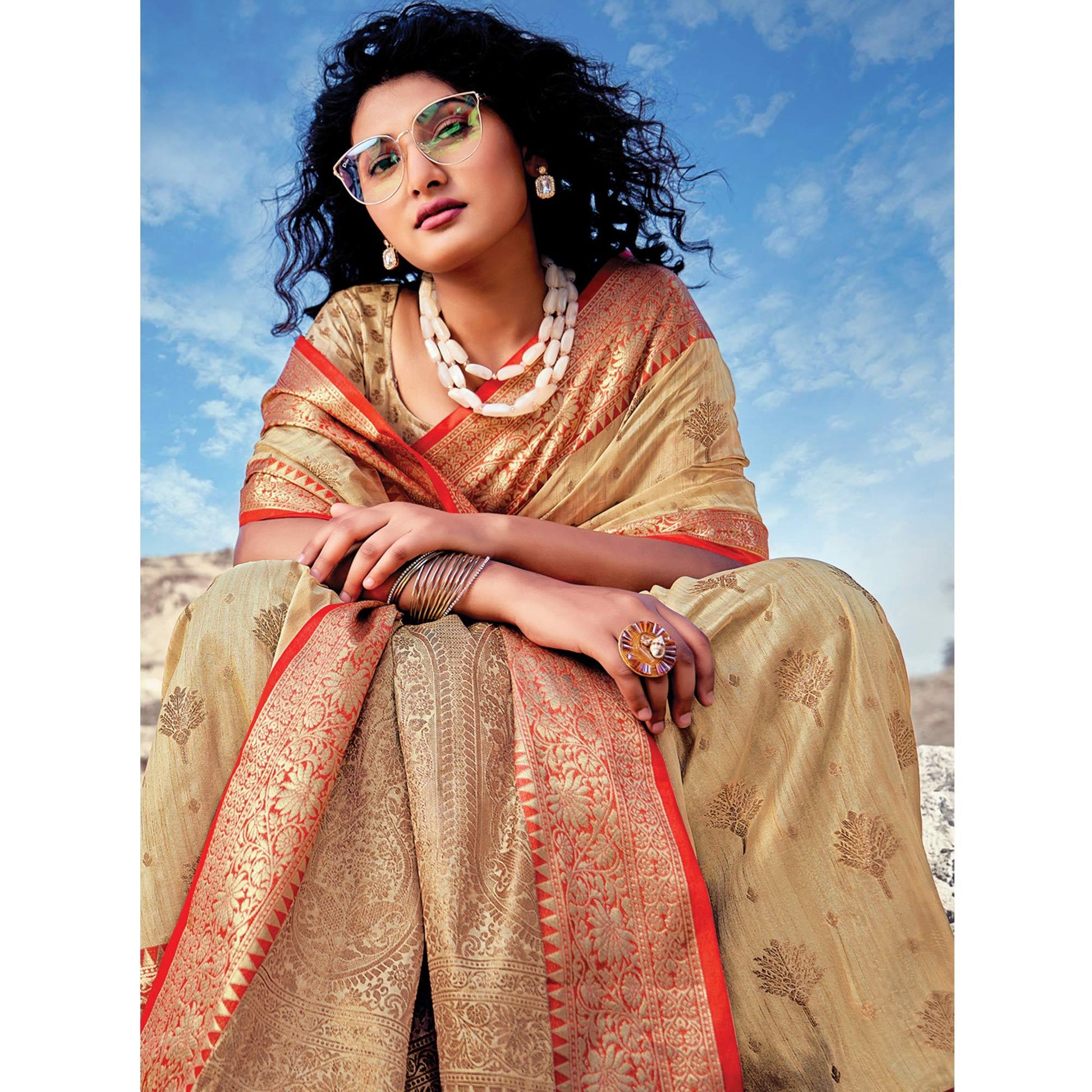 Cream Festive Wear Zari Woven Banarasi Silk Saree