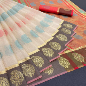 Cream Festive Wear Zari Woven Soft Cotton Silk Saree