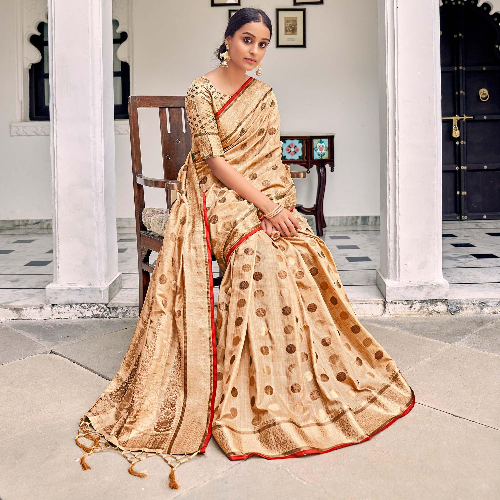 Cream Festive Wear Zari Woven Soft Ghichaa Silk Saree
