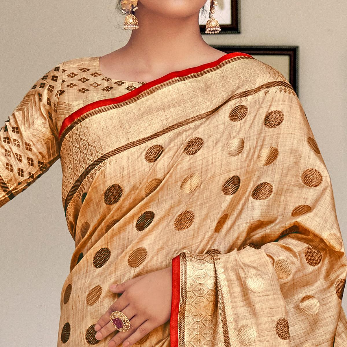 Cream Festive Wear Zari Woven Soft Ghichaa Silk Saree