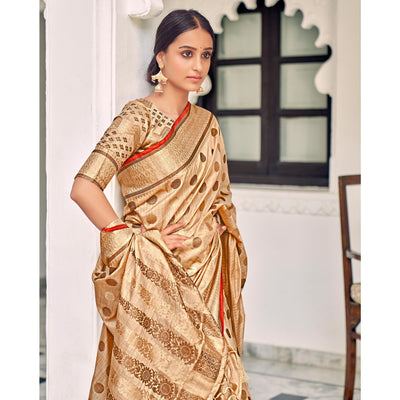 Cream Festive Wear Zari Woven Soft Ghichaa Silk Saree