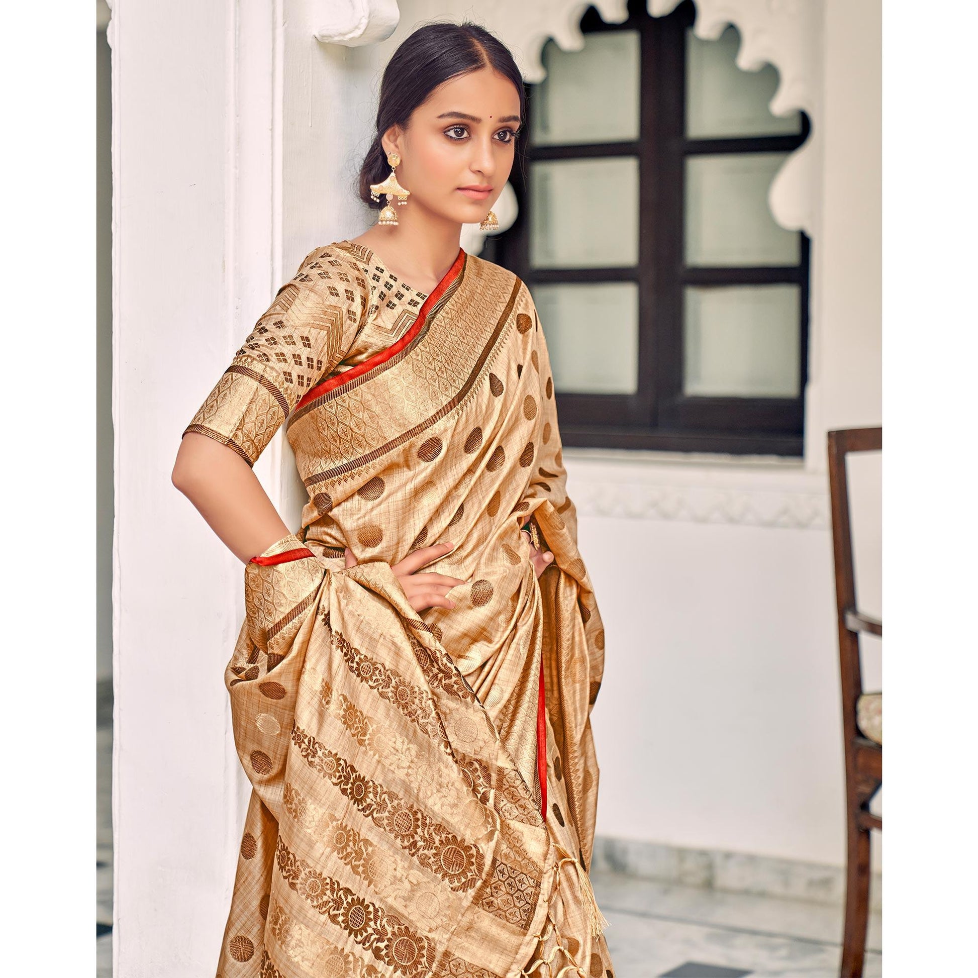 Cream Festive Wear Zari Woven Soft Ghichaa Silk Saree
