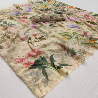 Cream Floral Digital Printed Georgette Saree