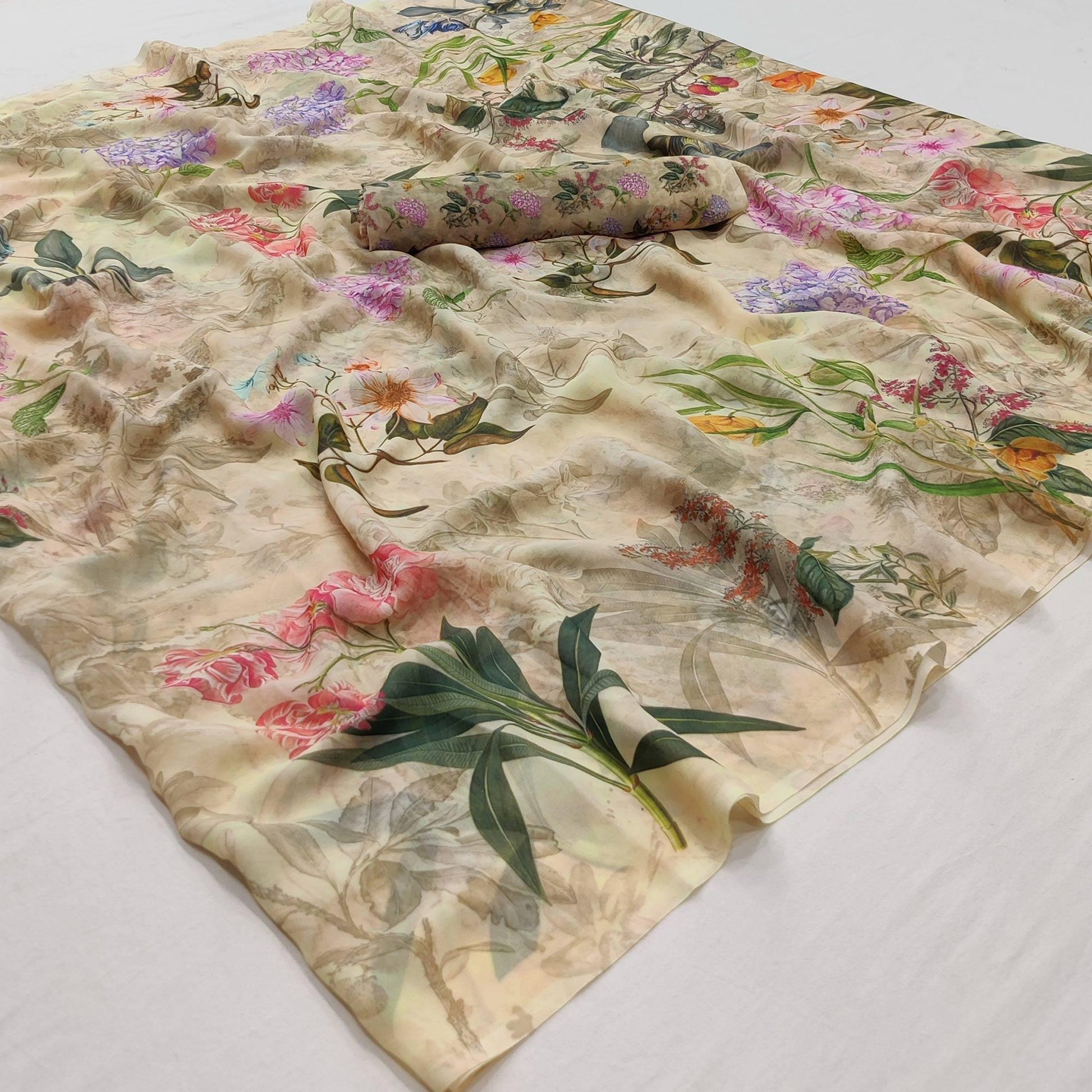 Cream Floral Digital Printed Georgette Saree