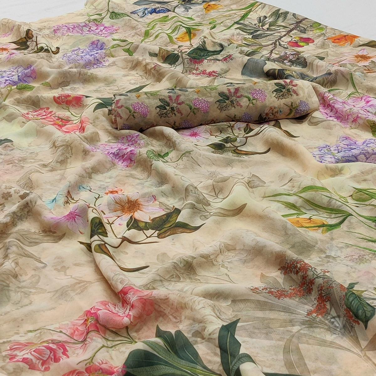 Cream Floral Digital Printed Georgette Saree