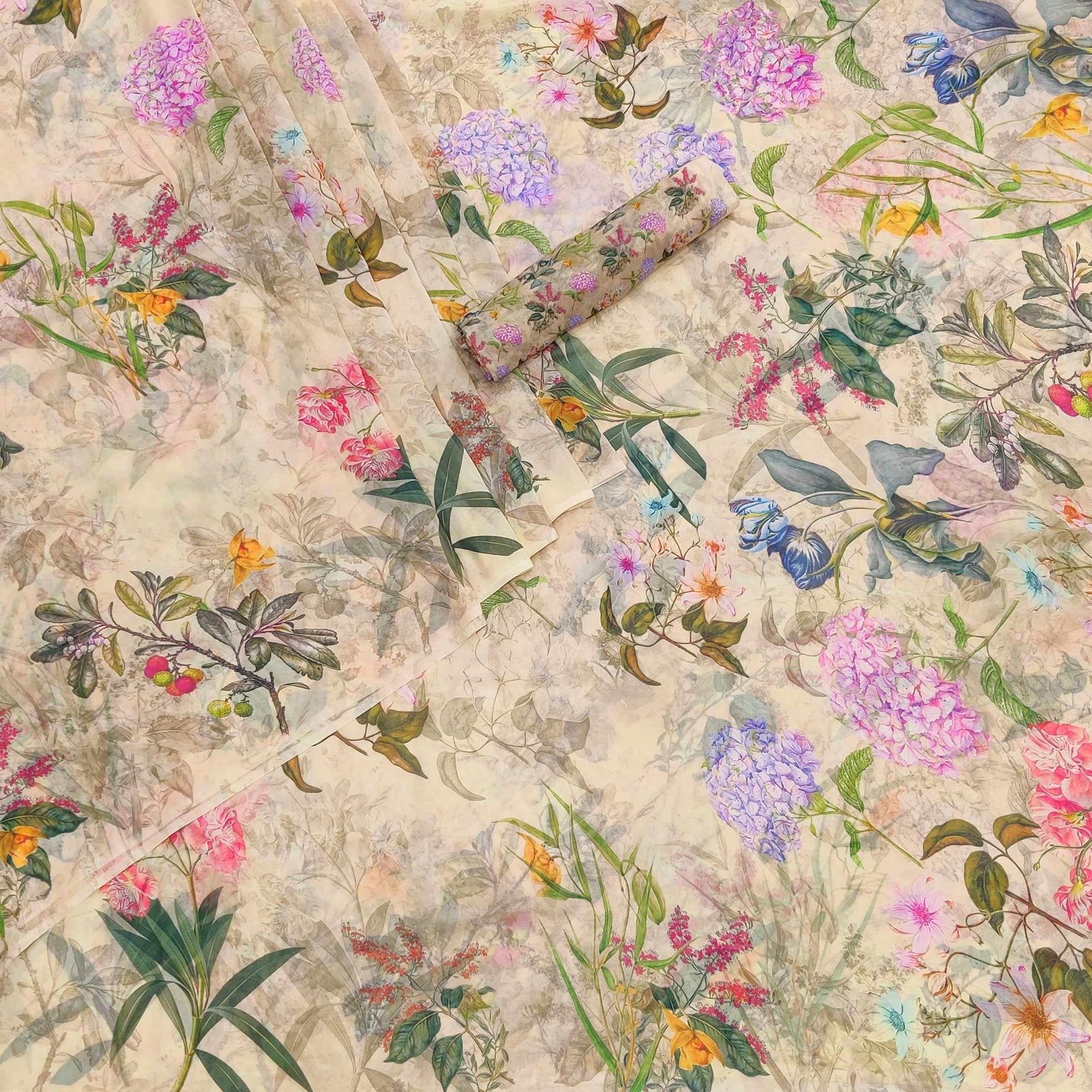 Cream Floral Digital Printed Georgette Saree