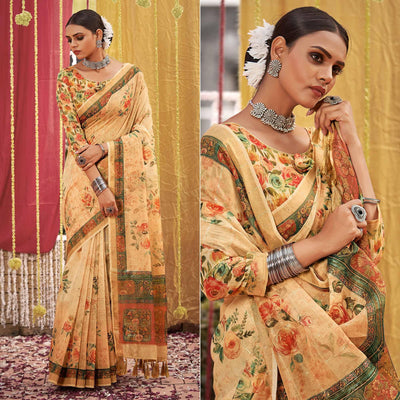 Cream Floral Digital Printed Linen Saree With Tassels
