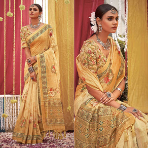 Cream Floral Digital Printed Linen Saree With Tassels