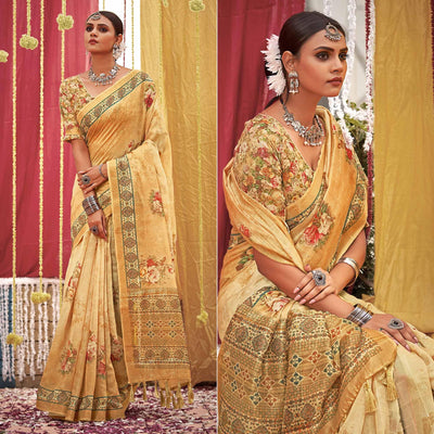 Cream Floral Digital Printed Linen Saree With Tassels