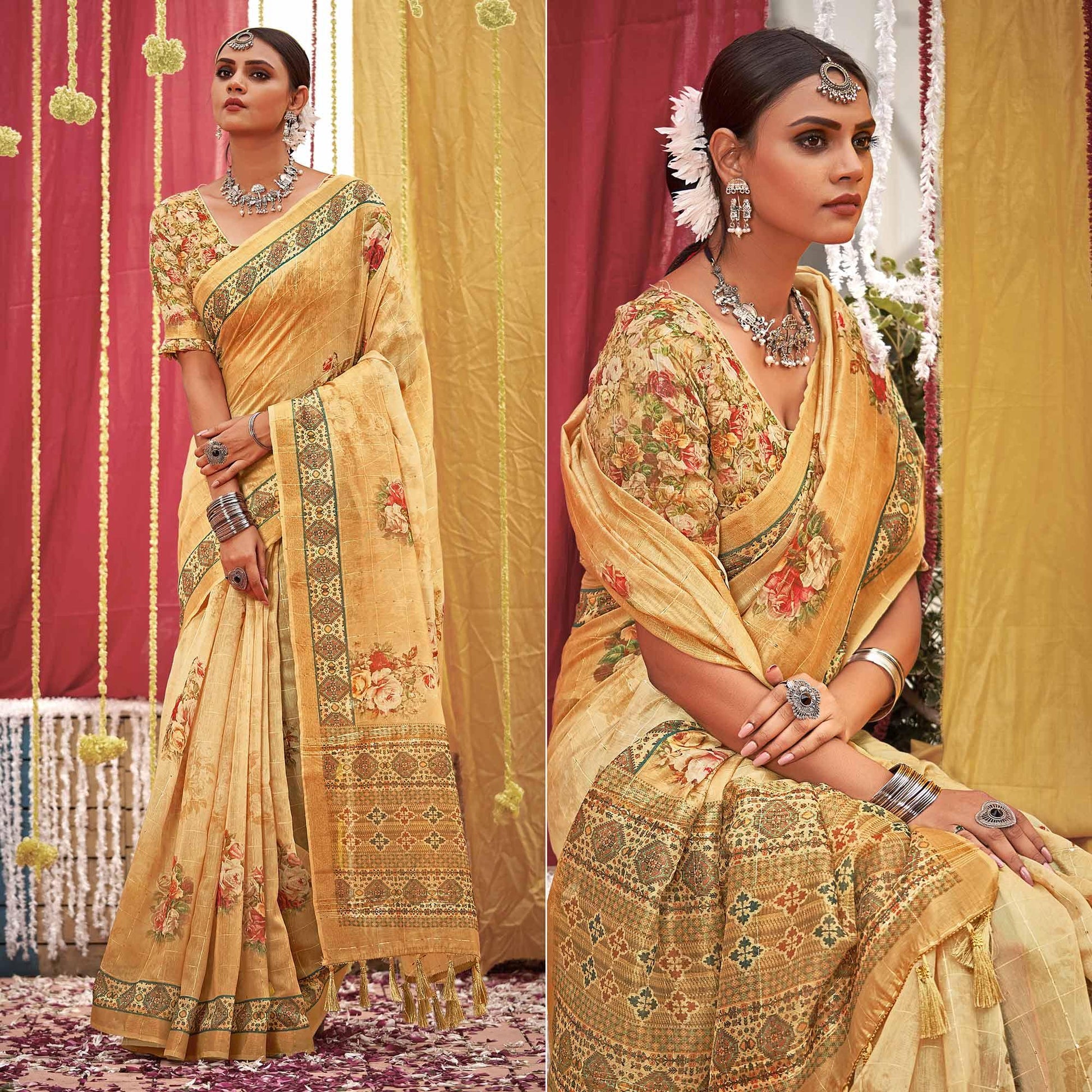 Cream Floral Digital Printed Linen Saree With Tassels