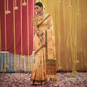 Cream Floral Digital Printed Linen Saree With Tassels
