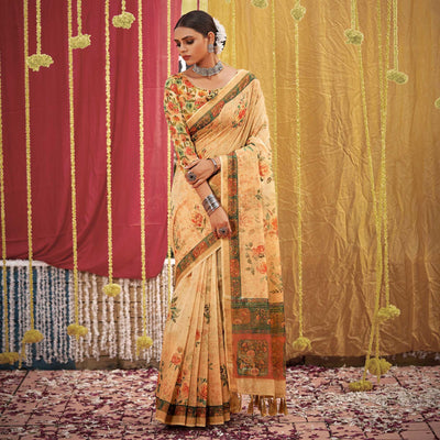 Cream Floral Digital Printed Linen Saree With Tassels
