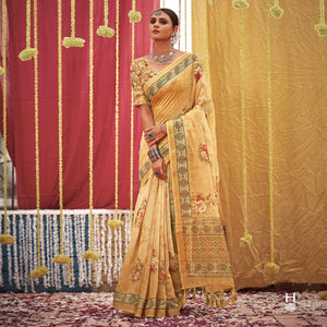 Cream Floral Digital Printed Linen Saree With Tassels