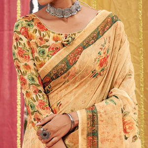 Cream Floral Digital Printed Linen Saree With Tassels