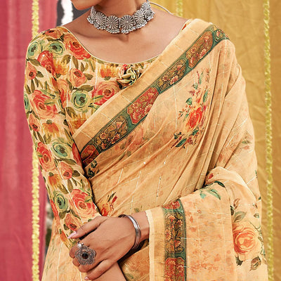 Cream Floral Digital Printed Linen Saree With Tassels