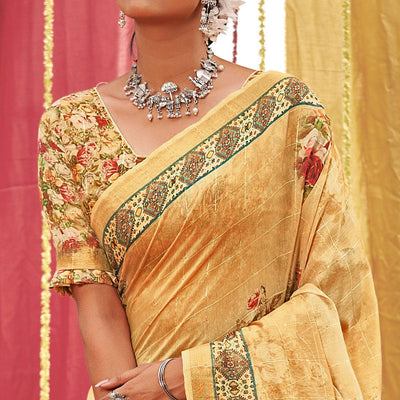 Cream Floral Digital Printed Linen Saree With Tassels